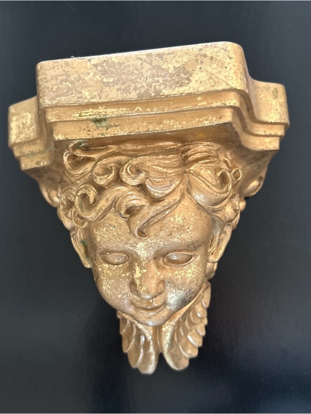 Vintage Painted Gold Plaster Cherub Angel Face Sconce Wall Shelf Victorian Style